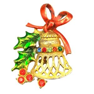 Beatrix Pin Brooch Gold Tone Vintage Enamel Jeweled Holly Berries Christmas
